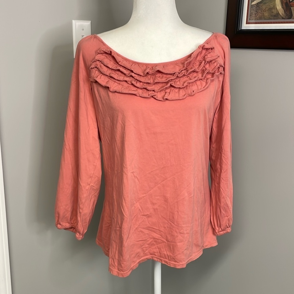 Garnet Hill Pink Blush Ruffle Pull over Round neck Size XL Pima Cotton Feminine